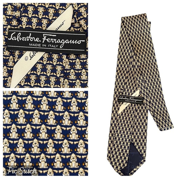 Salvatore Ferragamo Blue 100% Silk Toad LilyPad Whimsical Italy Tipped Tie